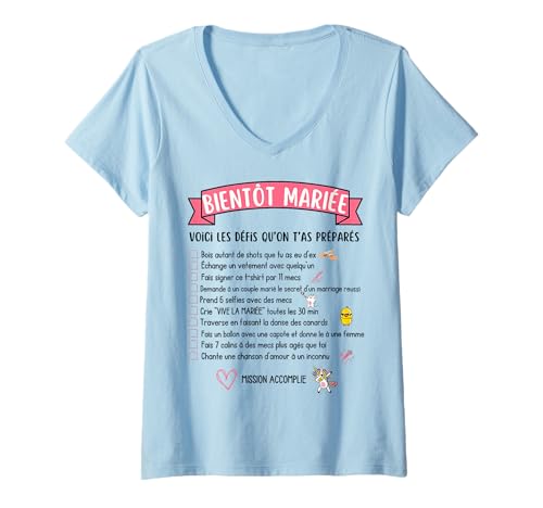 Damen EVJF Lustig Bald Verheiratet Hier ist Herausforderungen, die wir dir vorbereitet haben T-Shirt mit V-Ausschnitt Damen EVJF Lustig Bald Verheiratet Hier ist Herausforderungen, die wir dir vorbereitet haben T-Shirt mit V-Ausschnitt von De Vie De Jeune Fille Evjf Défis Enterrement