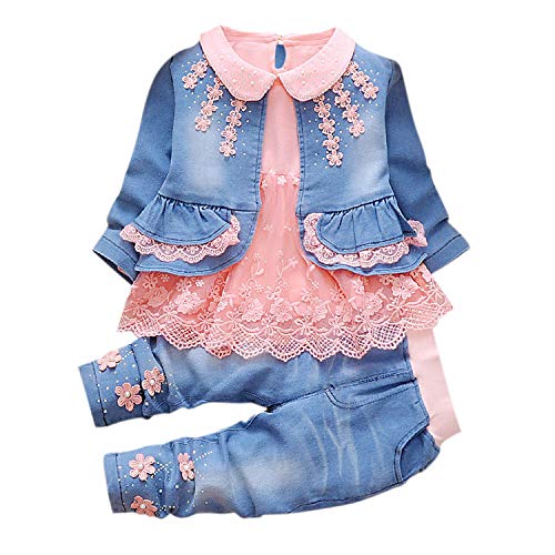 De feuilles Baby Mädchen Bekleidungsset 3 Stück Spitzen Blusen Denim Jacke Lang Hosen Kleinkinder Kleidung Set von De feuilles