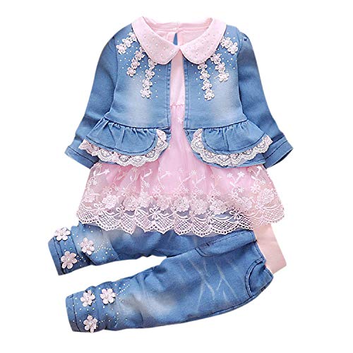 De feuilles Baby Mädchen Bekleidungsset 3 Stück Spitzen Blusen Denim Jacke Lang Hosen Kleinkinder Kleidung Set von De feuilles