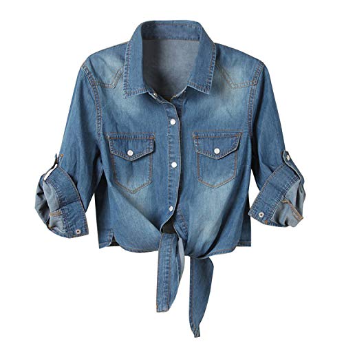 De feuilles Damen Jeanshemd 3/4 Ärmel Jeansbluse Bluse Baumwolle Krawattenknoten Button-down Shirt Sommer Blau Jean Oberteile von De feuilles