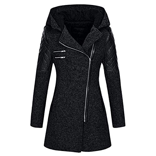 De feuilles Damen Kapuzenjacke Kapuzenmantel Trenchcoat Slim mit gefüttert,Revers mit Kapuze Warme Winterjacke mit Taschen,ärmel mit Pu-Leder Patchwork Schräger Reißverschluss 38EU schwarz von De feuilles