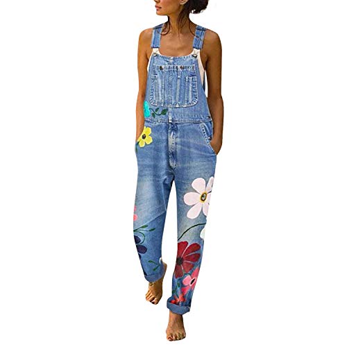 De feuilles Damen Latzhose mit Blumenmuster Sommer Herbst Jeans Hosen lang Denim Overall Jumpsuit Gerades Bein mit 5 Taschen Mädchen Casual Denim Fraizeithose EU38 Hellblau von De feuilles