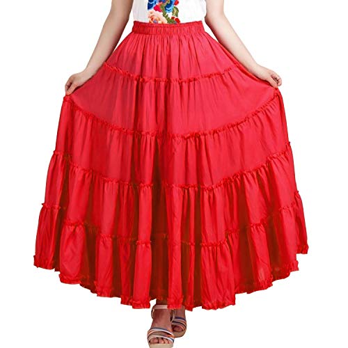 De feuilles Damen Maxirock Boho Flamenco Rock,größer Rockzipfel,5 Schichten stückeln,für Sommer/Strand/Tanz Party Einheitgröße Rot von De feuilles