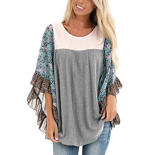 De feuilles Damen Sommer Frühling Chiffon Blumendruck Trompetenärmel Bluse Oberteil Rundkragen Locker Shirt Pullover Tops EU44 grau von De feuilles