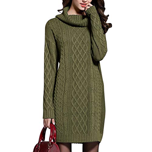 De feuilles Damen Strickpullover Pulloverkleid Pullikleid Strickkleid elegant Grobes Zopfmuster Stehkragen Swaterkleid Pullover Pulli lang für Herbst Frühling Winter EU42 dunkelgrün von De feuilles