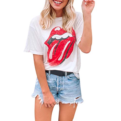 De feuilles Damen T-Shirt Oberteile Bluse Rote Lippen Kurzarm Sommer Leopard Zunge Druck graphisch Rundhals Tops elegant Lässig Casual 38EU Weiß von De feuilles