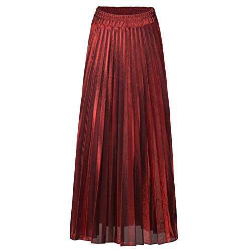 De feuilles Elastische Hohe Taille Damen Plisseerock Faltenrock lang Elegant A-Linie Swing Maxirock Retor Vintage Metallic Glänzend Sommer Herbst 44EU Rot von De feuilles