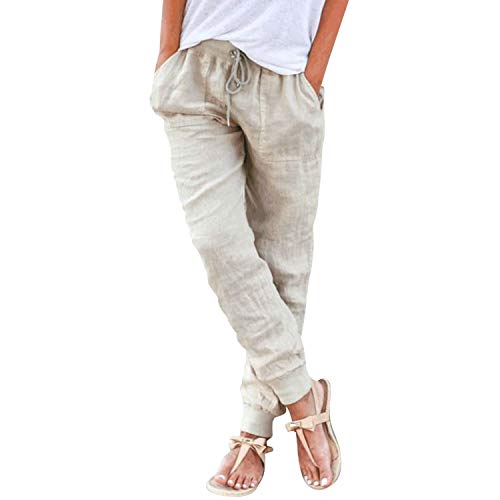 De feuilles Hose Damen Leinenhosen Freizeithose Strandhose 7/8 Sommerhose Leicht Baumwolle Elastische Taille mit Kordelzug， Bündchen und Taschen von De feuilles