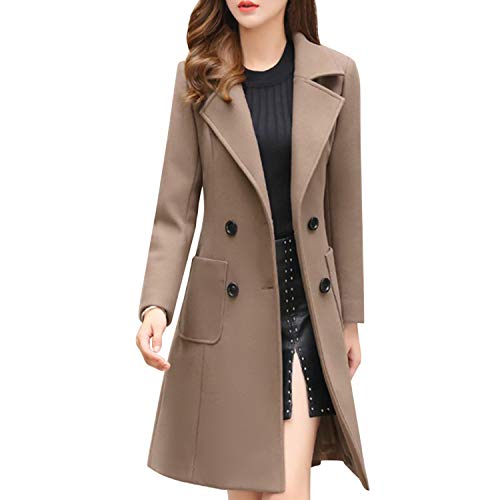 De feuilles Klassischen Damen Langarm Wintermantel Wollmantel Zweireiher Revers Knielang Trenchcoat Wolljacke Schlank Vintage Jacke Windmantel Outwear mit Taschen 40EU hell-Khaki von De feuilles