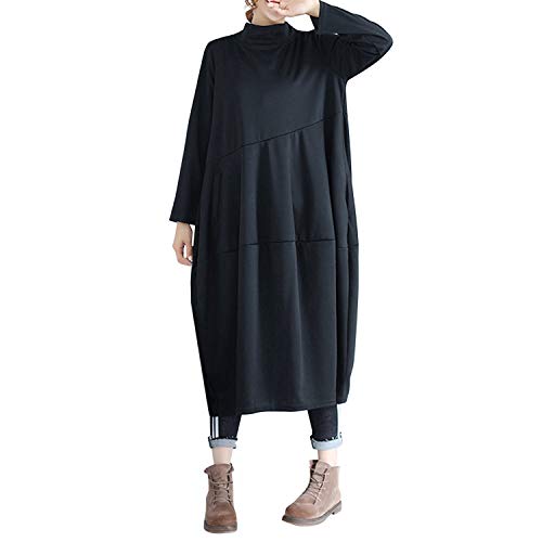 De feuilles Kleid Damen Lang Shirtkleider Rundkragen Langarm Pulloverkleid Loose fit auch für Schwangere Pullover Sweatershirt mit Taschen Frühling Herbst 38EU schwarz von De feuilles