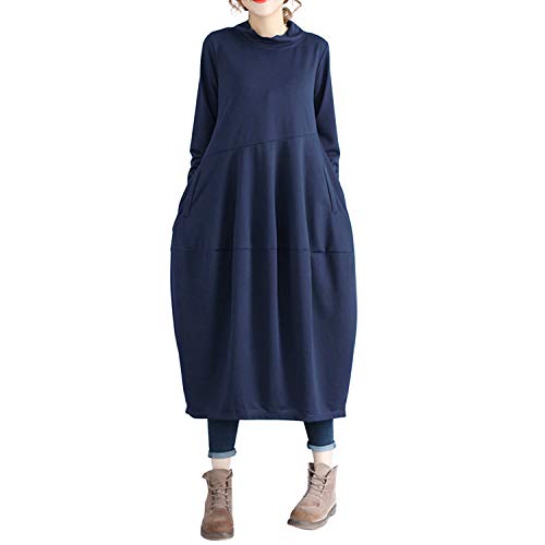 De feuilles Kleid Damen Lang Shirtkleider Rundkragen Langarm Pulloverkleid Loose fit auch für Schwangere Pullover Sweatershirt mit Taschen Frühling Herbst 40EU dunkelblau von De feuilles