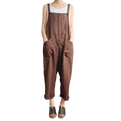 De feuilles Latzhose Retro Damen Frauen Jumpsuit Overall mit Träger Lange Baggy Hose Sommerhose Arbeitshose Baumwolle vorne/hinten mit 2 Taschen 42EU kaffeebraun von De feuilles