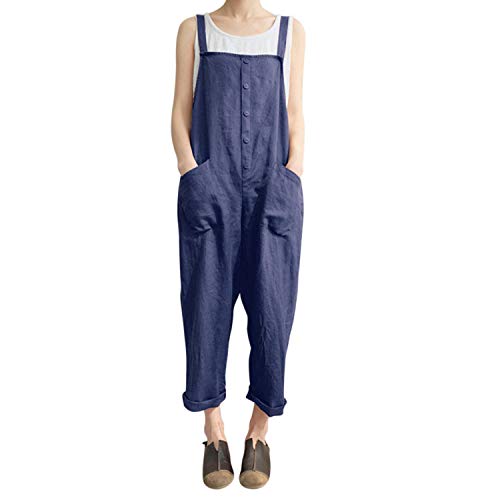 De feuilles Latzhose Retro Damen Frauen Jumpsuit Overall mit Träger Lange Baggy Hose Sommerhose Arbeitshose Baumwolle vorne/hinten mit 2 Taschen 50EU dunkelblau von De feuilles