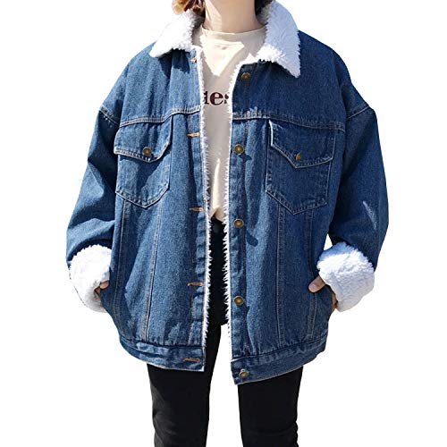 De feuilles Oversize Jeansjacke mit Fell gefütterte Denim Jacke,für Damen Mädchen Revers Winterjacke Coat Damenjacke Wintermantel Outerwear Knopf mit Taschen,(künstlicher Fell) 40EU dunkelblau von De feuilles