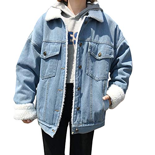 De feuilles Oversize Jeansjacke mit Fell gefütterte Denim Jacke,für Damen Mädchen Revers Winterjacke Coat Damenjacke Wintermantel Outerwear Knopf mit Taschen,(künstlicher Fell) 42EU blau von De feuilles