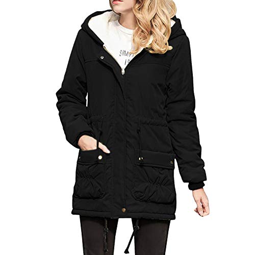 De feuilles Wärme Damen Fleece gefüttert Parka Winter Jacke lang,Taille und Unten mit Tunnelzug,Kapuze,Grosse Taschen und Reissverschluss 42EU schwarz-1 von De feuilles