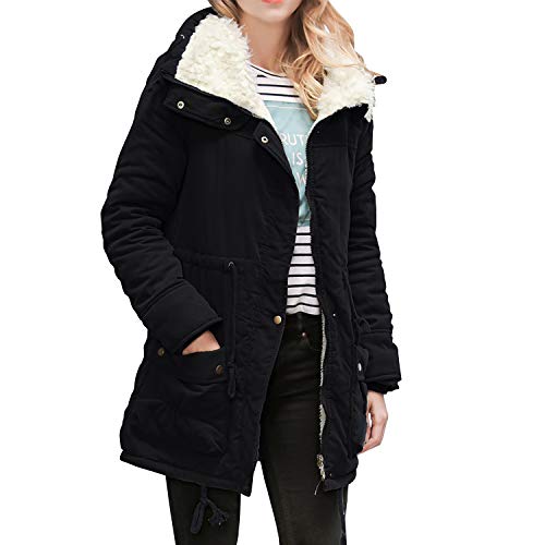 De feuilles Wärme Damen Fleece gefüttert Parka Winter Jacke lang,Taille und Unten mit Tunnelzug,Revers,Grosse Taschen und Reissverschluss 40EU schwarz von De feuilles