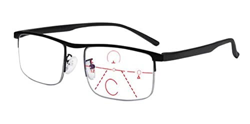 Gleitsichtbrille Lesebrille Metall Halbrahmen schwarz Multifokale Gläser Damen Herren Dioptrien mit Anti-Blaulicht eckig mit +1.50 Dioptrien Sehstärke (schwarz, +1.50) von DeBrillo