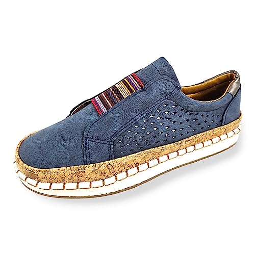 Damen Schuhe Vegan Leder Mokassin Slip-on Loafers Halbschuhe Sommer rutschfest Flache Freizeit Sandalen Espadrilles (blau, EU 40) von DeCarbonize