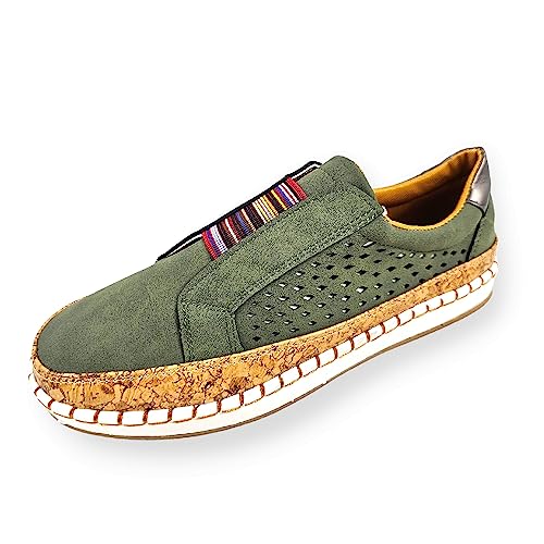 Damen Schuhe Vegan Leder Mokassin Slip-on Loafers Halbschuhe Sommer rutschfest Flache Freizeit Sandalen Espadrilles (olivgrün, EU 39) von DeCarbonize