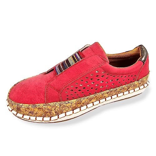 Damen Schuhe Vegan Leder Mokassin Slip-on Loafers Halbschuhe Sommer rutschfest Flache Freizeit Sandalen Espadrilles (rot, EU 39) von DeCarbonize