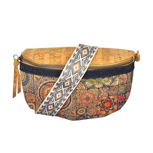 Damen Sling Bag aus Kork Halbmondförmige Brusttasche Vegan Gürteltasche mit abnehmbarem bunt gemustertem Schultergurt breiter Baumwoll-Schultergurt veganes Leder Portemonnaie Handtasche (Mandala 2) von DeCarbonize