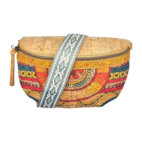 Damen Sling Bag aus Kork Halbmondförmige Brusttasche Vegan Gürteltasche mit abnehmbarem bunt gemustertem Schultergurt breiter Baumwoll-Schultergurt veganes Leder Portemonnaie Handtasche (Mandala 4) von DeCarbonize