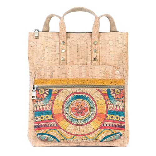 DeCarbonize Daypack Rucksack Shopper aus Kork Vegan Leder Nachhaltig Korktasche (Mandala Gelb) von DeCarbonize