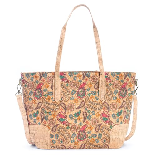 DeCarbonize Handtasche aus Kork Damen Shopper Schultertasche Gross Nachhaltig Vegan Leder Totebag Tragetasche Strandtasche Korktasche (Paisley) von DeCarbonize