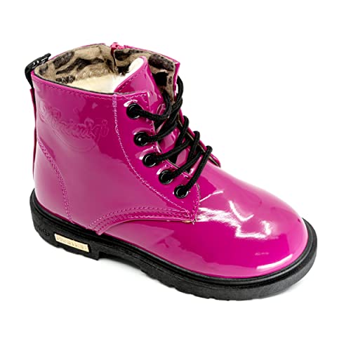 DeCarbonize Kinder Winter Herbst Stiefel Mädchen Jungen wasserdicht Lackleder-Design in Docs-Stil warm fleece gefüttert Größe 25-34 (Fuschia Pink, numeric_34) von DeCarbonize