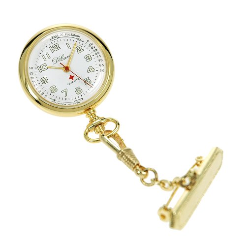 DeCave 004294105 Schwesternuhr mit Brosche und Skala zur Pulsmessung - Gold platiert - 32mm Durchmesser - Ronda 763 von DeCave