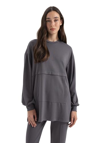 DeFacto Damen Oversize Shirt Tunika - Langarm Longshirt - Bequeme Tops für Damen -Lässiges Langarmshirt Regular Fit Bike Neck von DeFacto