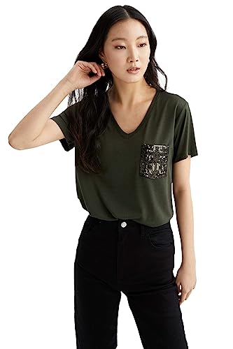 DeFacto Damen U3769AZ T-Shirt, D.Khaki, 3XL von DeFacto