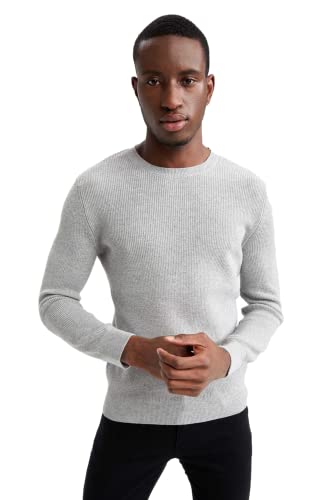 DeFacto Herren Strick Pullover Langarm Rundhalsausschnitt Sweater - Slim fit Pulli für Herren Oberteile Grey Melange,XS von DeFacto