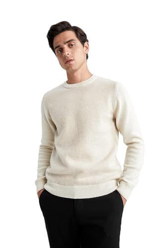 DeFacto Herren Strick Pullover Langarm Rundhalsausschnitt Sweater - Slim fit Pulli für Herren Oberteile LT.BEIGE Melange,3XL von DeFacto