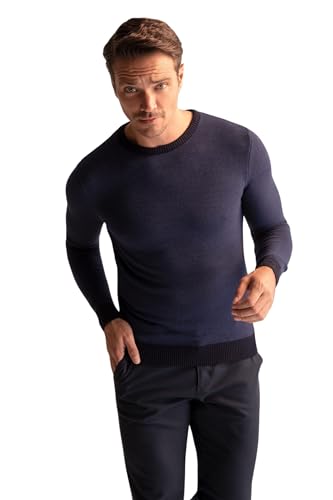 DeFacto Herren Strick Pullover Langarm Rundhalsausschnitt Sweater - Slim fit Pulli für Herren Oberteile Navy,L von DeFacto