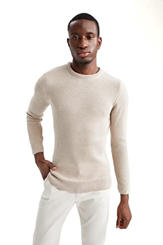 DeFacto Herren Strick Pullover Langarm Rundhalsausschnitt Sweater - Slim fit Pulli für Herren Oberteile Sand,XL von DeFacto