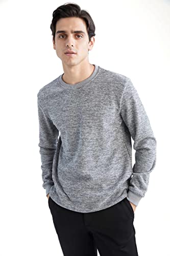 DeFacto Langarm Pullover Herren - Rundhalsausschnitt Sweatshirt für HerrenGREY Melange,L von DeFacto