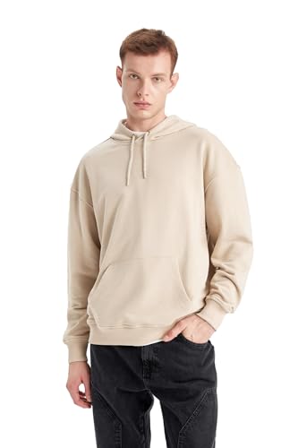 DeFacto Men's B7849AX Hooded Sweatshirt, Sand, L von DeFacto