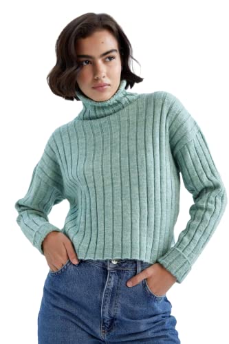 DeFacto Pullover Normal Passform für Damen - Rollkragenpullover Pulli für Oberteile Damen LT.Green,M von DeFacto