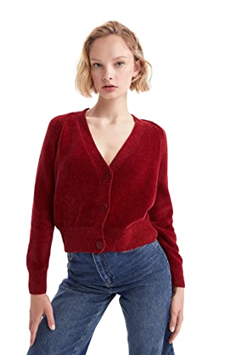 DeFacto Strickjacke Normal Passform für Damen Cardigan für Oberteile Damen Bordeaux,L von DeFacto