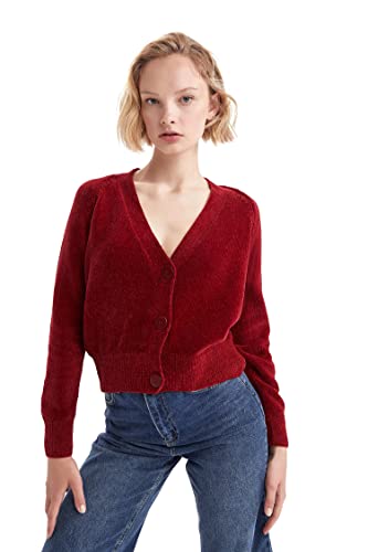 DeFacto Strickjacke Normal Passform für Damen Cardigan für Oberteile Damen Bordeaux,XXL von DeFacto