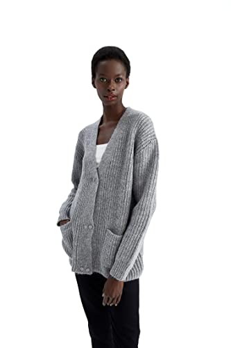 DeFacto Strickjacke Normal Passform für Damen Cardigan für Oberteile Damen Grey Melange,XL von DeFacto