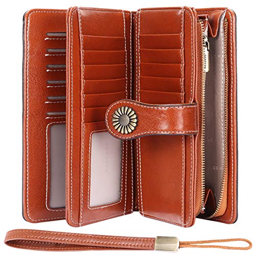 TEUEN Geldbörse für Damen, großes Fassungsvermögen, RFID-Blockierung mit Checkier, Ausweis, Kartenfächer, Organizer mit Reißverschluss für Münzen, Geschenk für Damen, Braun1, Groß, Minimalistisch von TEUEN