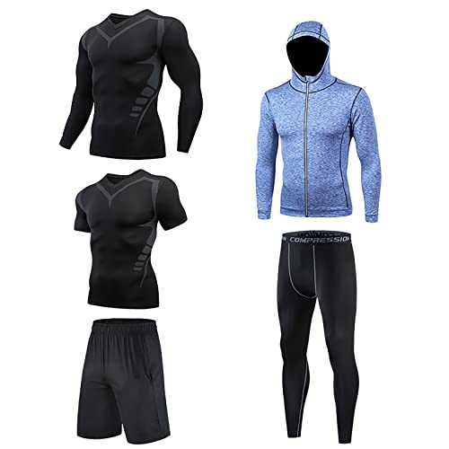 DeHolifer 5 Stücke Jogginganzug Herren Trainingsanzug Set Schnell Trocken Jogginghose Schwarz Sportbekleidung Männer Schwitzanzug Fitness Sportanzug Laufhose Trainingshose Sport Tshirts Hosen von DeHolifer