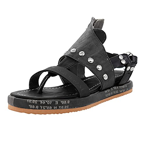 DeHolifer Plateau Sandalen Damen Schwarz Sommer Schuhe Frau Vintage Römersandalen Mit Nieten Sommerschuhe Damen Zehentrenner Sandalen Flach Elegant Sandaletten Zehensandalen von DeHolifer