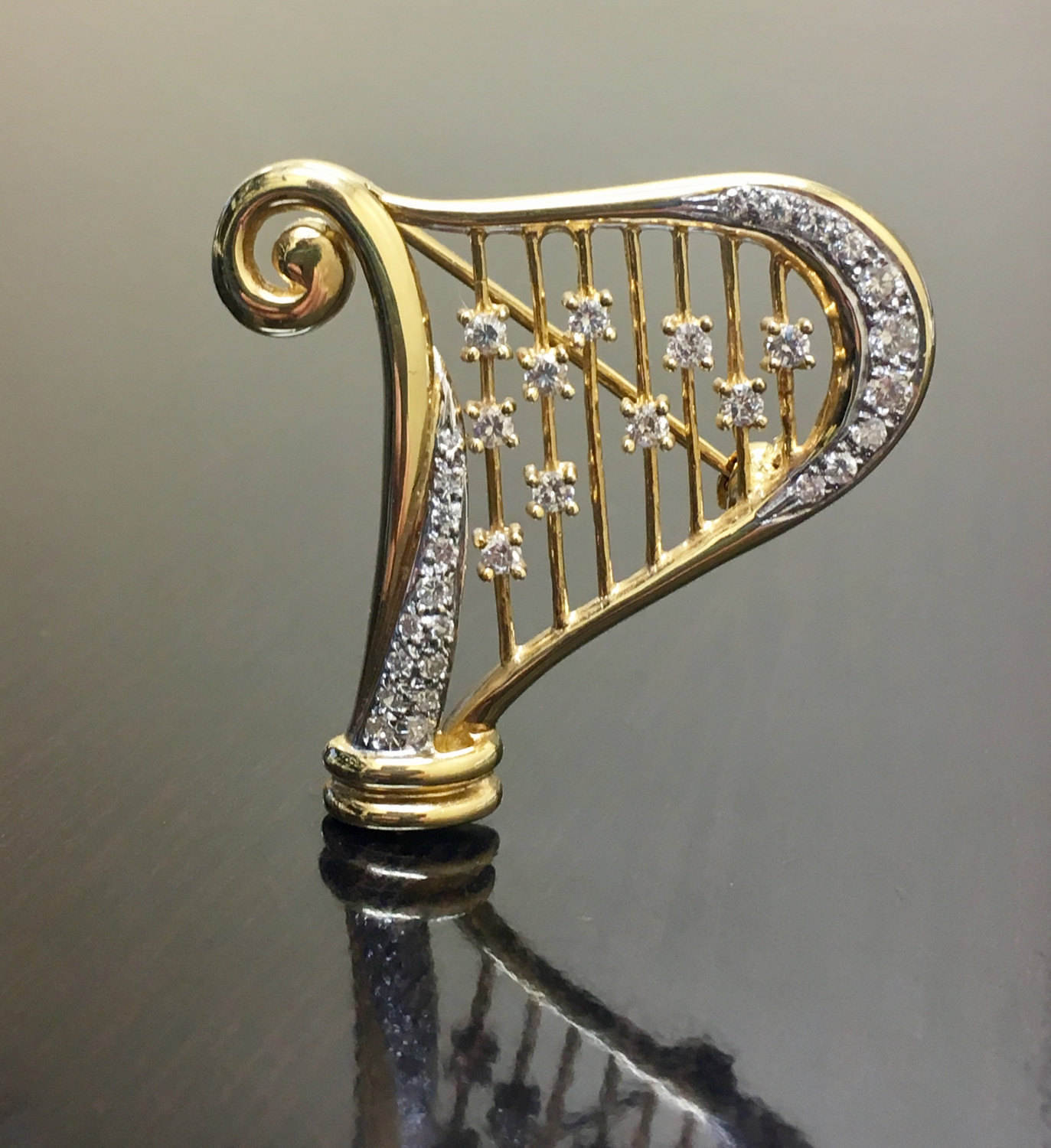 14K Gelb Gold Harfe Diamant - Diamond-Harfe-Brosche Brosche von DeKaraDesigns