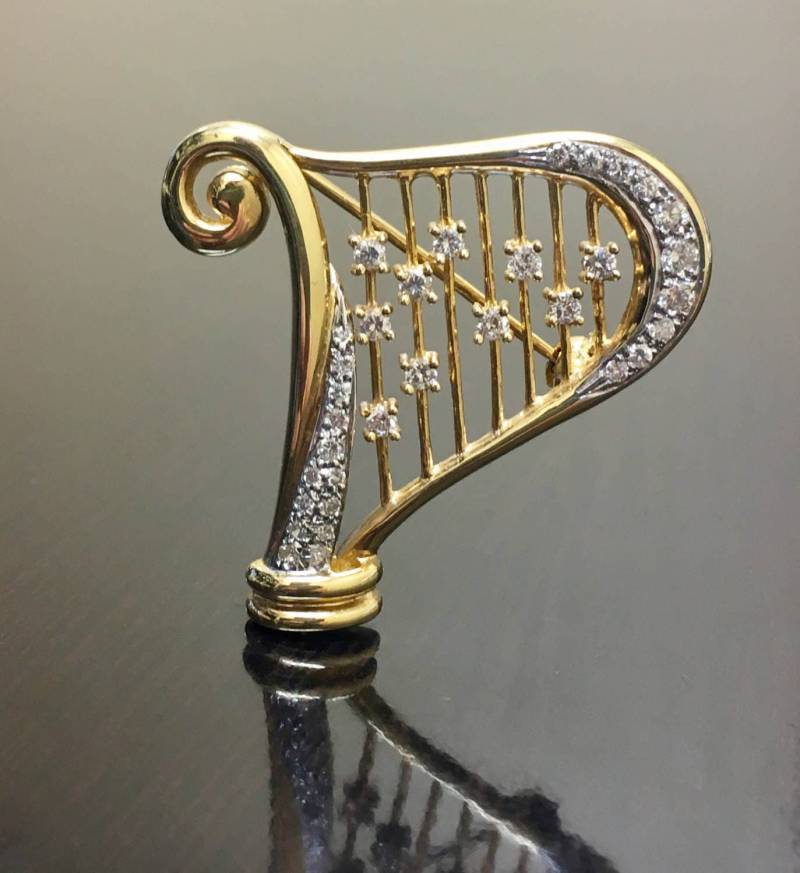 14K Gelb Gold Harfe Diamant - Diamond-Harfe-Brosche Brosche von DeKaraDesigns