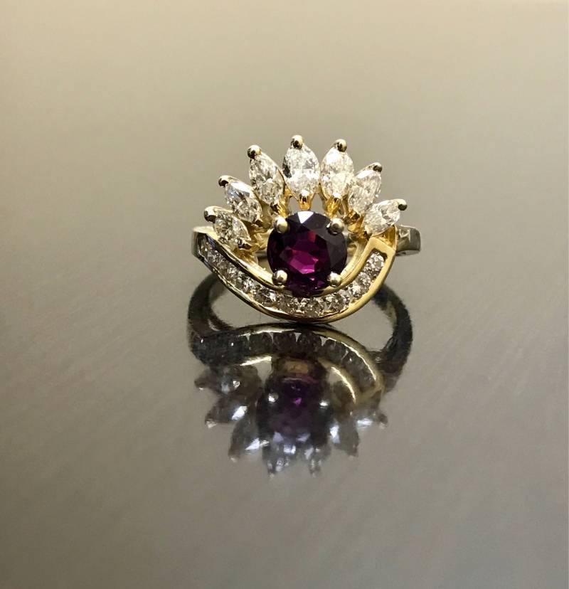 14K Gelbgold Art-Deco Diamant Rubin Verlobungsring - Art-Deco-14K Gold Ehering Art-Deco-Rubin-Ring Rubin-Diamant-Ring von DeKaraDesigns