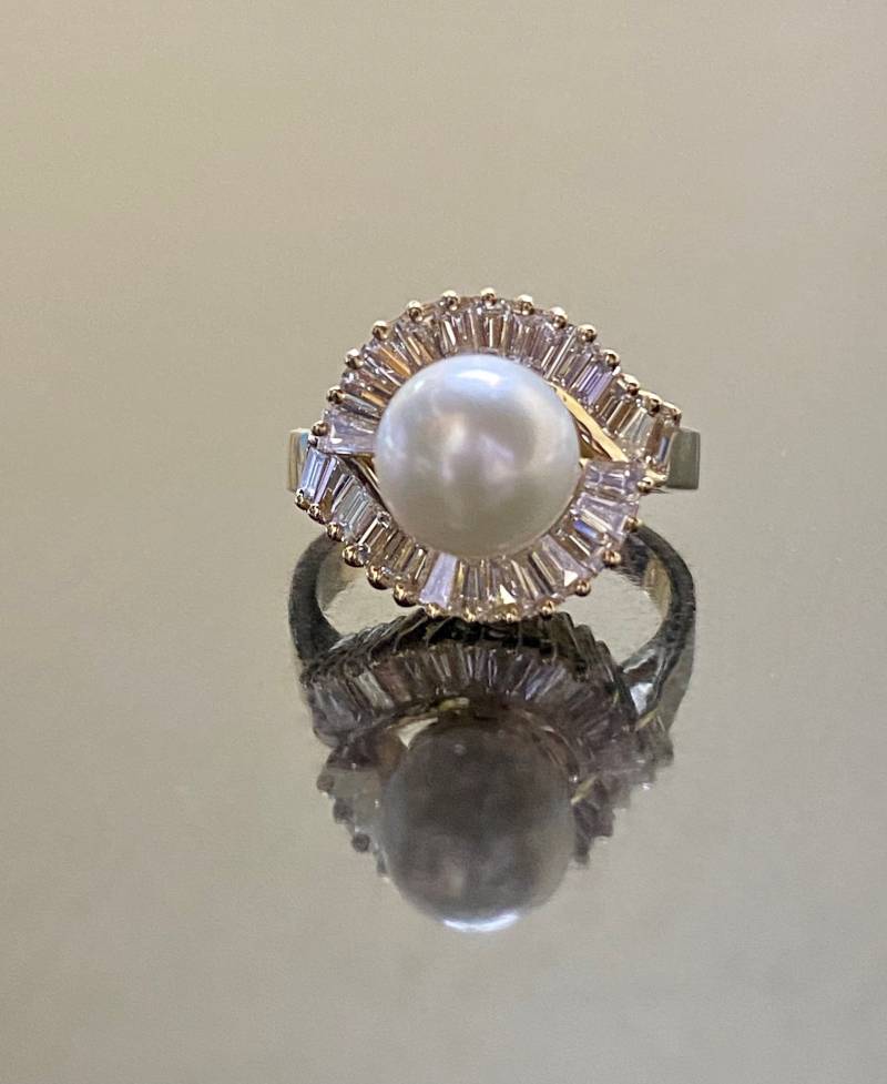 14K Gelbgold Art Deco Perlen Diamant Verlobungsring - Gold Halo Perle Ehering Diamantring Perlenring von DeKaraDesigns